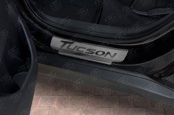 2 189 р. Накладки порожков салона Russtal  Hyundai Tucson  3 TL (2015-2021) (Нержавейка шлифованная с надписью). Увеличить фотографию 3