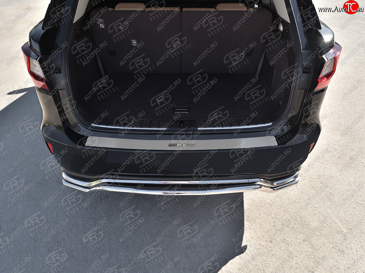 3 399 р. Защитная накладка заднего бампера Russtal  Lexus RX  350 (2015-2019) (Нержавейка шлифованная с надписью)
