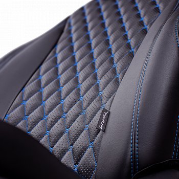 16 999 р. Чехлы для сидений Lord Autofashion Байрон (экокожа, 60/40, подлокотник, 2 П- и 1 Г-образных подголовника)  Mazda 3/Axela  BL (2009-2013) (Черный, вставка черная, строчка синяя). Увеличить фотографию 3