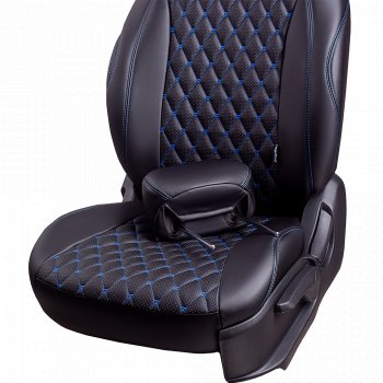 16 999 р. Чехлы для сидений Lord Autofashion Байрон (экокожа, 60/40, подлокотник, 2 П- и 1 Г-образных подголовника)  Mazda 3/Axela  BL (2009-2013) (Черный, вставка черная, строчка синяя). Увеличить фотографию 4