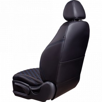 16 749 р. Чехлы для сидений на Lord Autofashion Байрон (экокожа, 60/40, подлокотник, отдельные бока, 3 Г-образных подголовника)  Mazda 6  GH (2007-2012) (Черный, вставка черная, строчка синяя). Увеличить фотографию 5