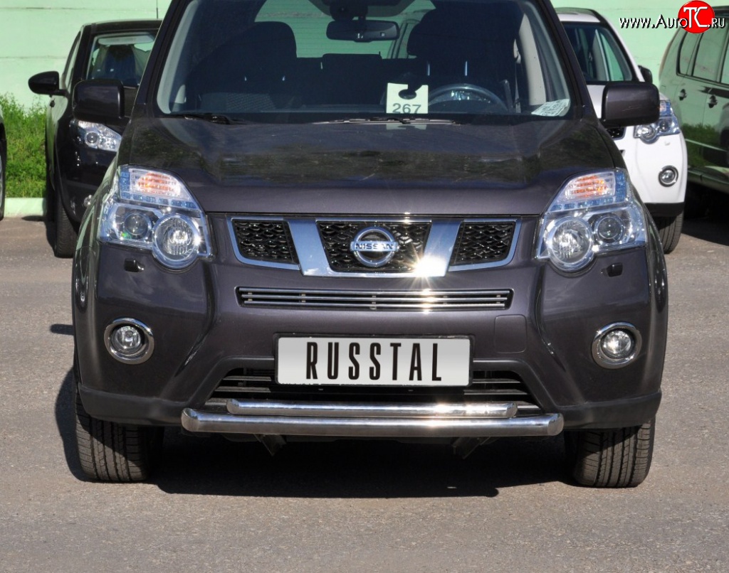 10 899 р. Защита переднего бампера (2 трубыØ63 и 42 мм, нержавейка) Russtal  Nissan X-trail  2 T31 (2010-2015)