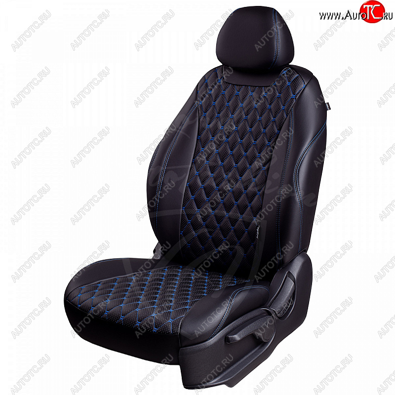 13 649 р. Чехлы для сидений Lord Autofashion Байрон (экокожа, раздельная спинка, 3 Г-образных подголовника) Nissan Juke 1 YF15 дорестайлинг (2010-2014) (Черный, вставка черная, строчка синяя)