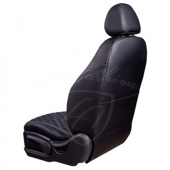 13 649 р. Чехлы для сидений Lord Autofashion Байрон (экокожа, раздельная спинка, 3 Г-образных подголовника) Nissan Juke 1 YF15 дорестайлинг (2010-2014) (Черный, вставка черная, строчка синяя). Увеличить фотографию 4