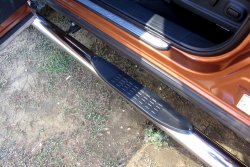 16 599 р. Защита порогов с пластиковыми вставками для ног из круглой трубы диаметром 76 мм Slitkoff  Nissan Murano  3 Z52 (2015-2024) (Цвет: нержавеющая полированная сталь). Увеличить фотографию 1