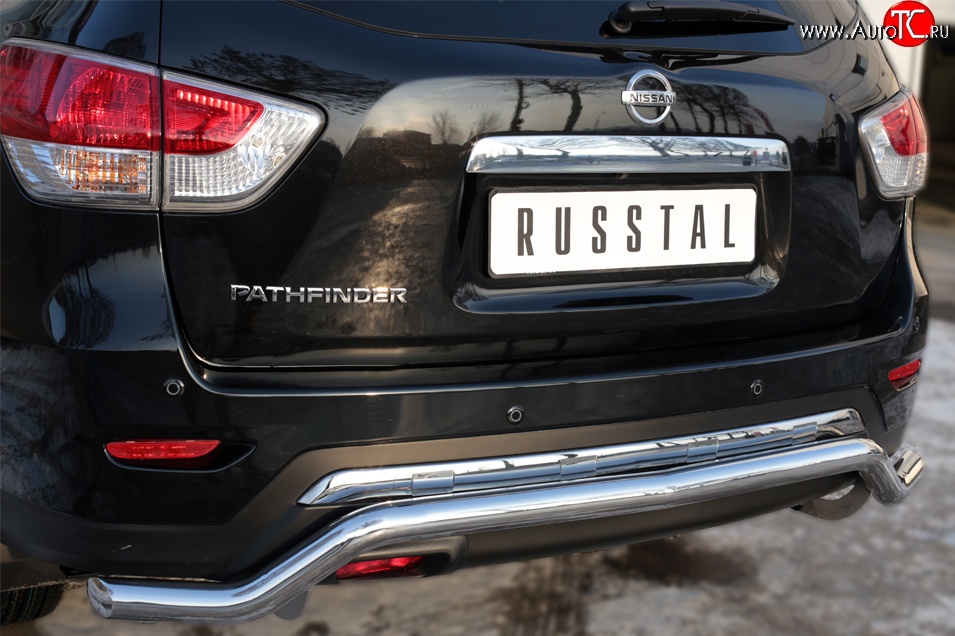 7 299 р. Защита заднего бампера (Ø63 мм волна, нержавейка) Russtal  Nissan Pathfinder  R52 (2012-2017)