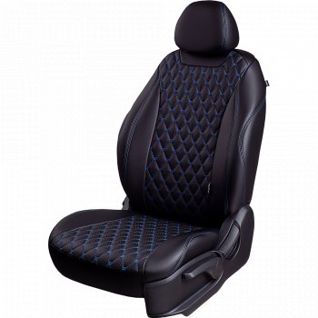 16 749 р. Чехлы для сидений Lord Autofashion Байрон (экокожа, 60/40, подлокотник, 3 Г-образных подголовника)  Nissan Qashqai  2 (2013-2022) (Черный, вставка черная, строчка синяя). Увеличить фотографию 1
