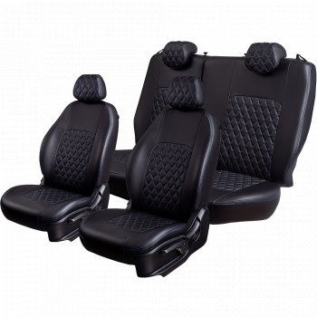 Чехлы для сидений Lord Autofashion Турин Ромб (экокожа, 60/40, 2 П- и 1 Г-образных подголовника) Nissan (Нисан) Terrano (Террано)  D10 (2016-2022) D10 рестайлинг  (Черный, вставка черная, строчка синяя)
