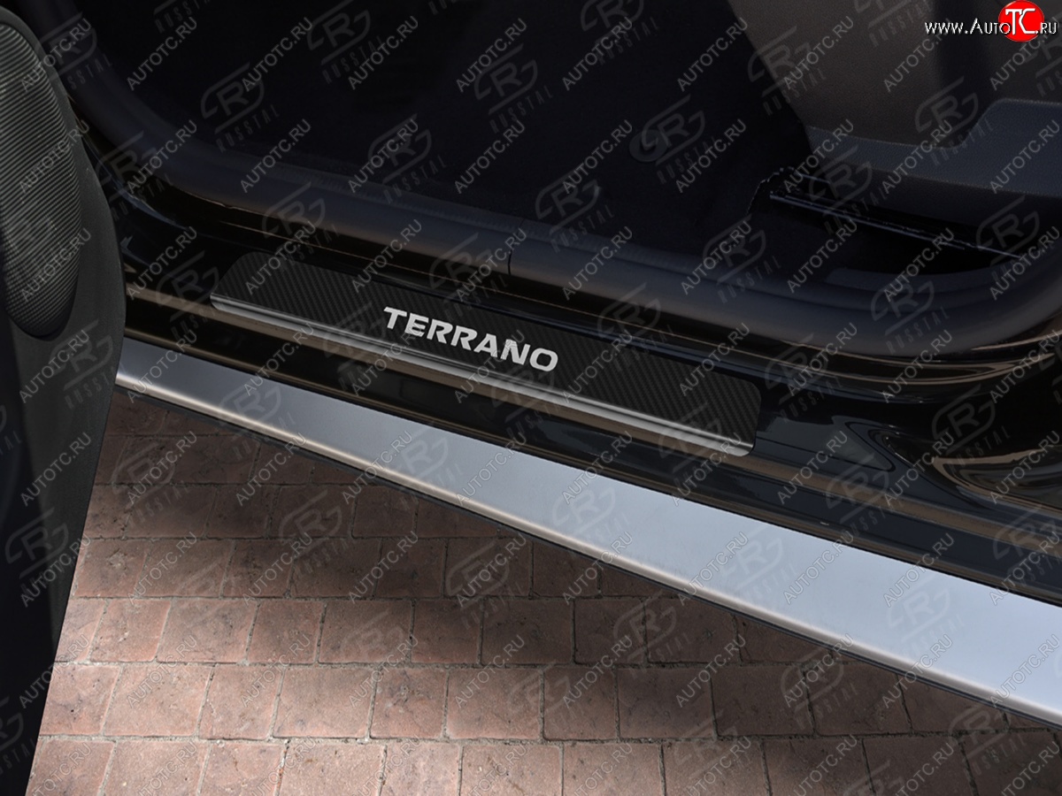 2 099 р. Пороги накладки Russtal  Nissan Terrano  D10 (2013-2022) (Нержавейка с покрытием карбон и надписью)