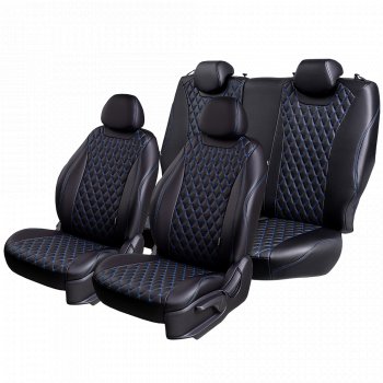 16 749 р. Чехлы для сидений Lord Autofashion Байрон (экокожа, спинка 40/20/40, сиденья 60/40, 2 П- и 1 Г-образных подголовника)  Nissan X-trail  3 T32 (2013-2022) (Черный, вставка черная, строчка синяя). Увеличить фотографию 2