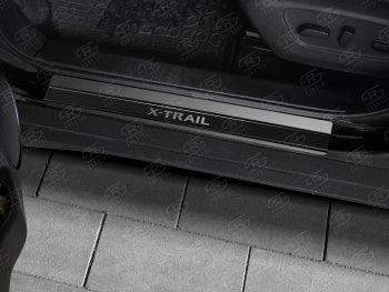 2 099 р. Пороги накладки Russtal  Nissan X-trail  3 T32 (2013-2022) (Нержавейка с покрытием карбон и надписью). Увеличить фотографию 1