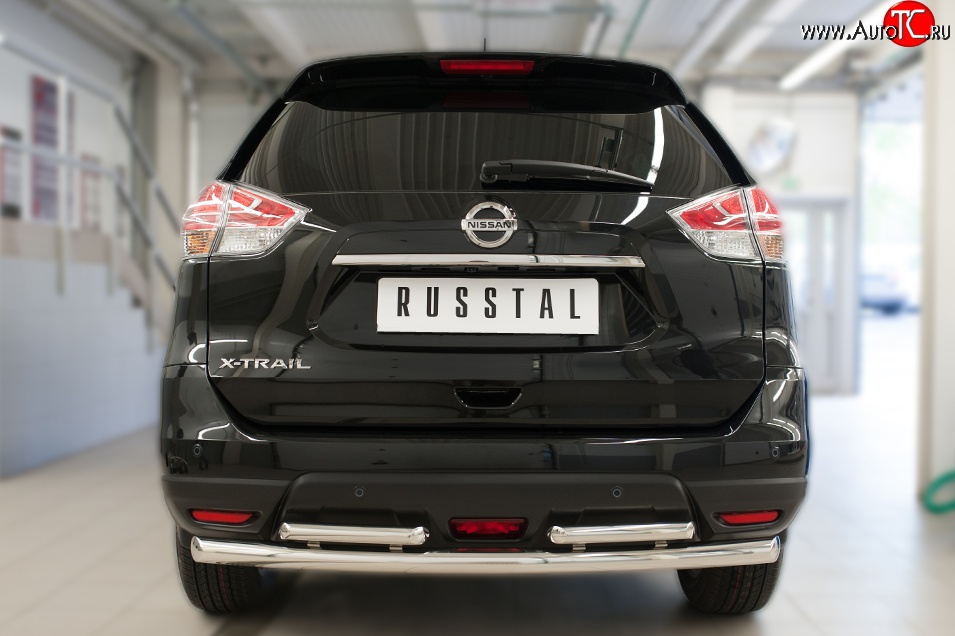 8 299 р. Защита заднего бампера (Ø63 и 42 мм, уголки, нержавейка) Russtal  Nissan X-trail  3 T32 (2017-2022)