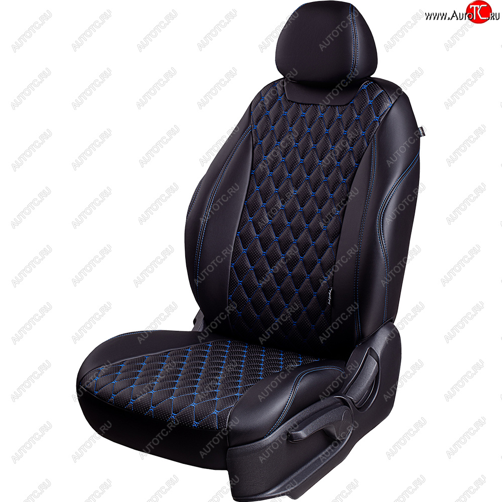 16 999 р. Чехлы для сидений Байрон (экокожа, спинка и сиденья 60/40, 2 П- и 1 Г-образных подголовника)  Nissan X-trail  2 T31 (2007-2015) (Черный, вставка черная, строчка синяя)