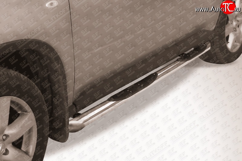 14 649 р. Защита порогов с пластиковыми вставками для ног из круглой трубы диаметром 76 мм с торцевыми скосами Slitkoff Nissan X-trail 2 T31 дорестайлинг (2007-2011) (Цвет: нержавеющая полированная сталь)