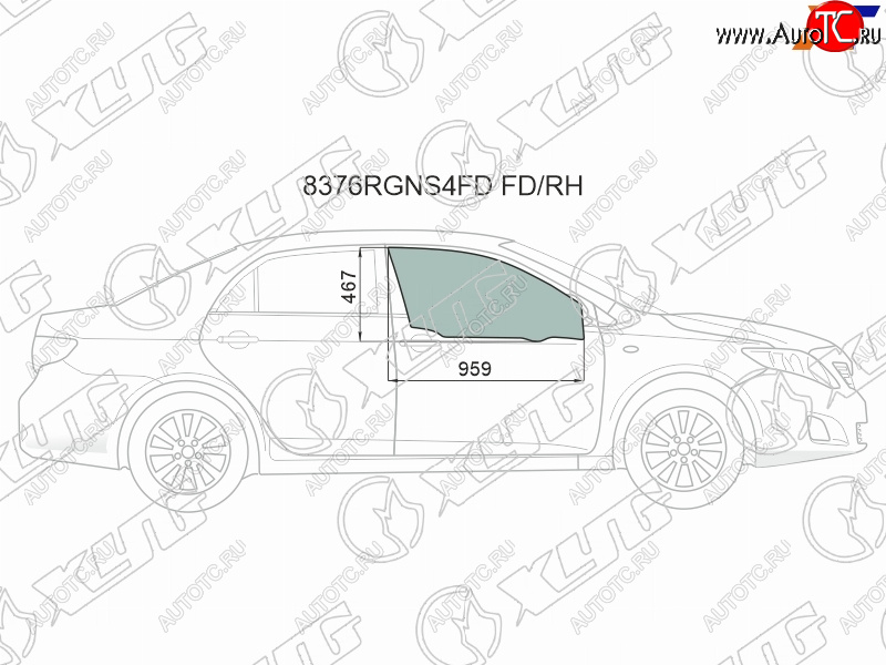 Стекло боковое опускное (Спереди Справа Цвет зеленый Крепления) Toyota Corolla (E150) 06-13  Cor 8376RGNS4FD FD/RH