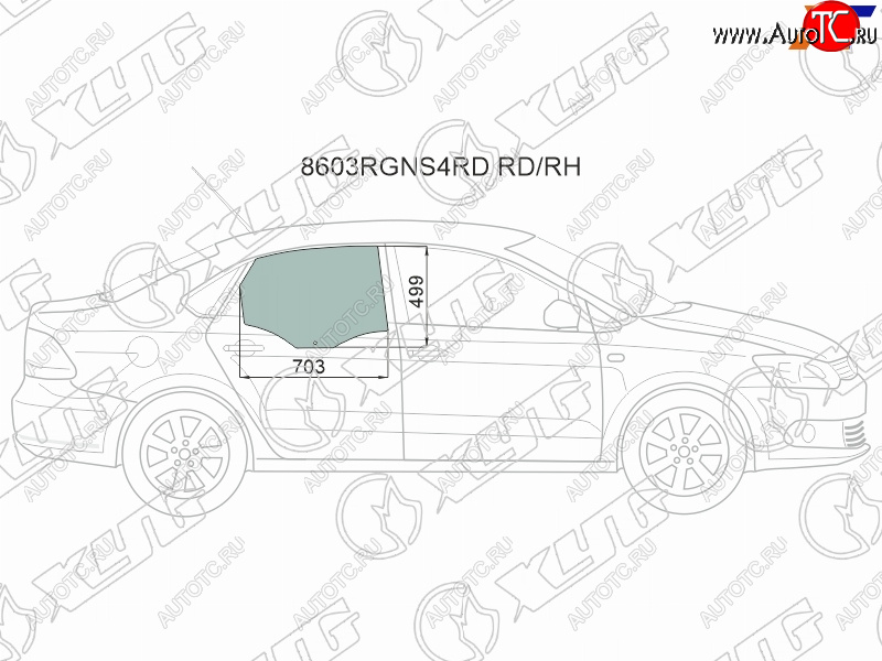 Стекло боковое опускное (Сзади Справа Цвет зеленый) Skoda Rapid 20-  Volkswagen Polo 09-20 8603RGNS4RD RD/RH