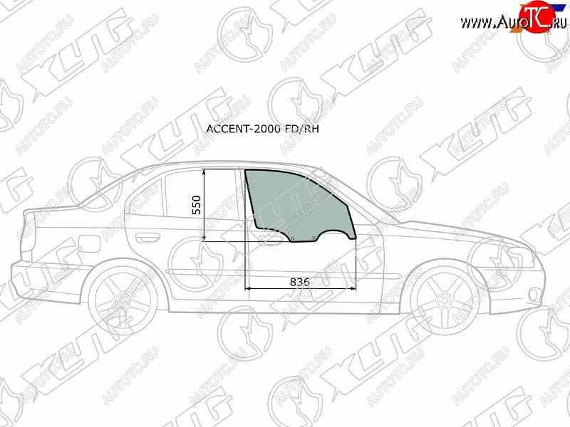 Стекло боковое опускное (Спереди Справа Цвет зеленый) Hyundai Accent 99-12  Verna 00-06  ТагАЗ A ACCENT-2000 FD/RH