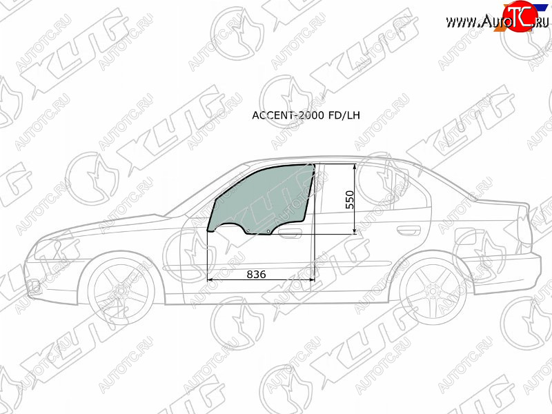 Стекло боковое опускное (Спереди Слева Цвет зеленый) Hyundai Accent 99-12  Verna 00-06  ТагАЗ Ac ACCENT-2000 FD/LH