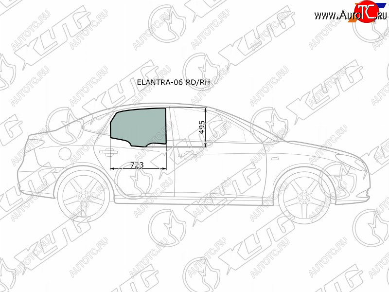 Стекло боковое опускное (Сзади Справа Цвет зеленый) Hyundai Elantra 06-12  Avante 06-11           ELANTRA-06 RD/RH