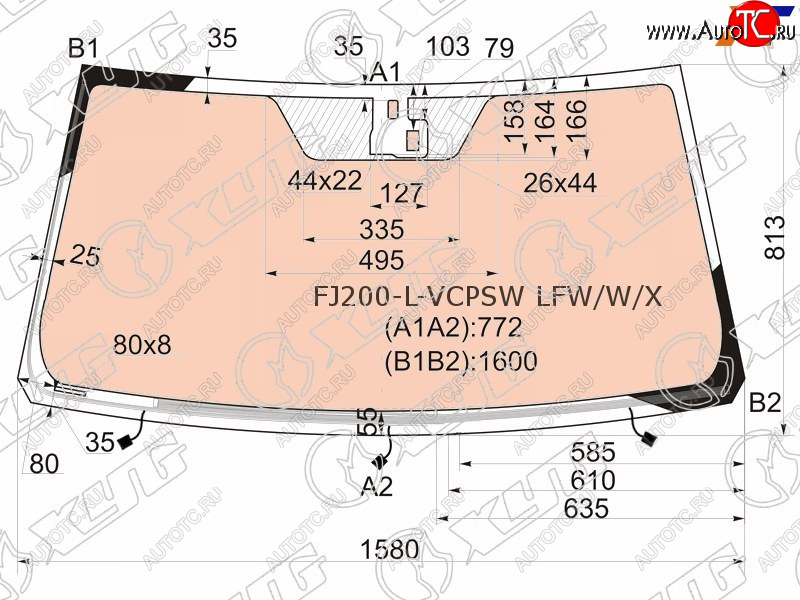 Стекло лобовое (Обогрев полный Датчик дождя) Toyota Land Cruiser (J200) 07-15  Lexus LX 07-15 FJ200-L-VCPSW LFW/W/X