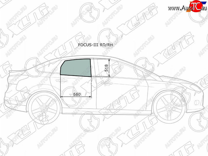 Стекло боковое опускное (Сзади Справа Цвет зеленый) Ford Focus 10-19                               FOCUS-III RD/RH