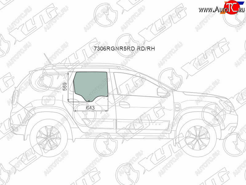 Стекло боковое опускное (Сзади Справа Цвет зеленый) Renault Duster 21-  Dacia Duster 17- 7306RGNR5RD RD/RH