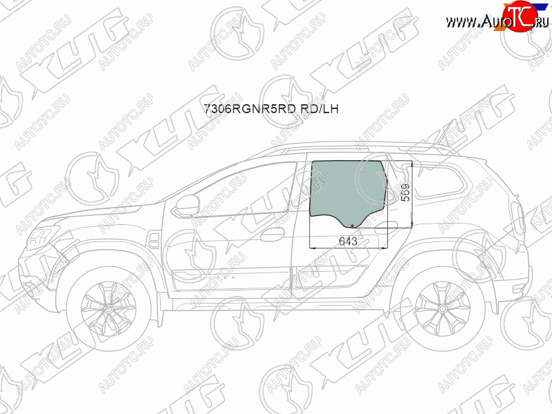 Стекло боковое опускное (Сзади Слева Цвет зеленый) Renault Duster 21-  Dacia Duster 17- 7306LGNR5RD RD/LH