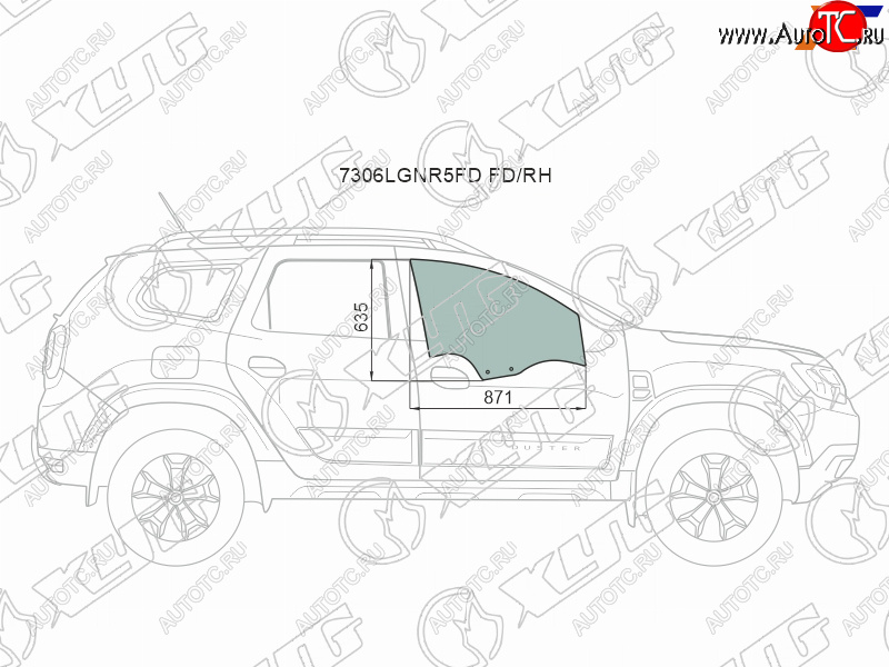 Стекло боковое опускное (Спереди Справа Цвет зеленый) Renault Duster 21-  Dacia Duster 17- 7306RGNR5FD FD/RH