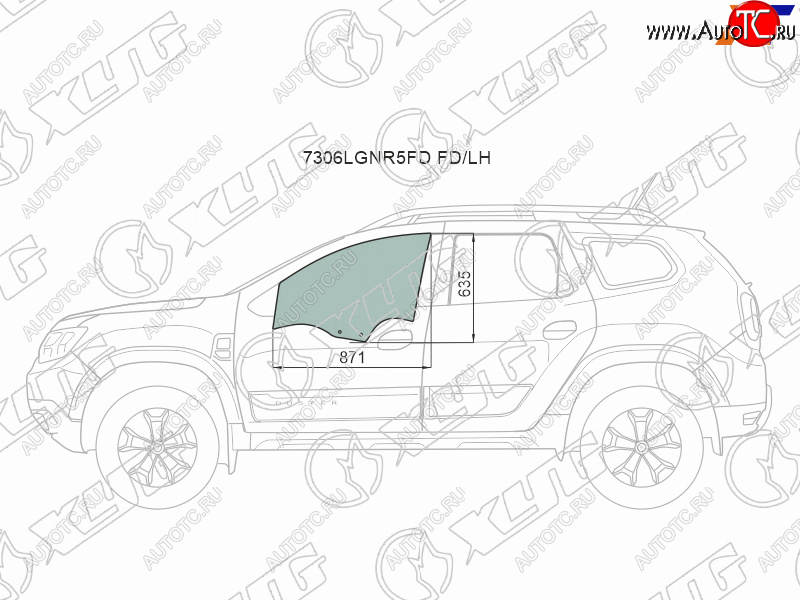 Стекло боковое опускное (Спереди Слева Цвет зеленый) Renault Duster 21-  Dacia Duster 17- 7306LGNR5FD FD/LH