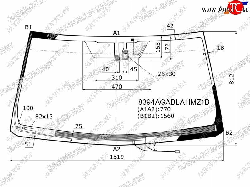 Стекло лобовое (Обогрев щеток Антенна Датчик дождя Молдинг) Toyota Land Cruiser Prado (J150) 09-1 8394AGABLAHMZ1B