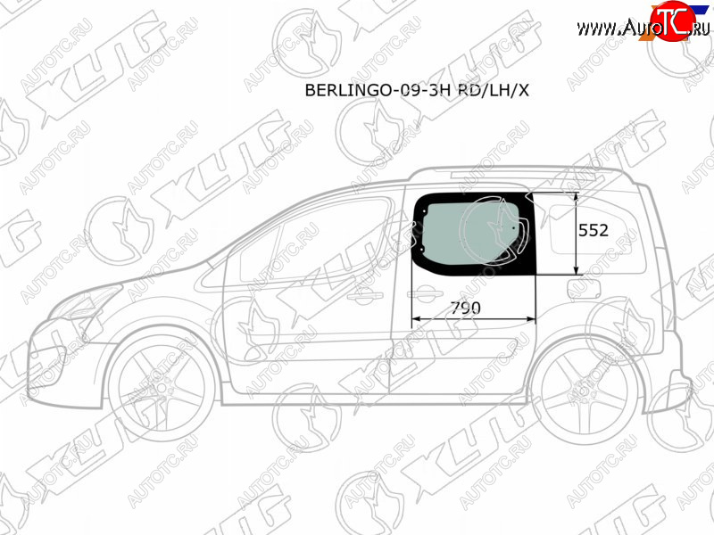 Стекло боковое опускное (Сзади Слева Цвет зеленый) Citroen Berlingo 08-22  Peugeot Partner 08-15 BERLINGO-09-3H RD/LH/X