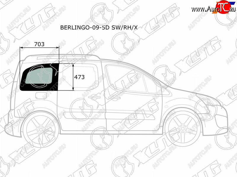 Стекло кузова боковое (не опускное) (Справа Цвет зеленый) Citroen Berlingo 08-22  Peugeot Partner BERLINGO-09-5D SW/RH/X