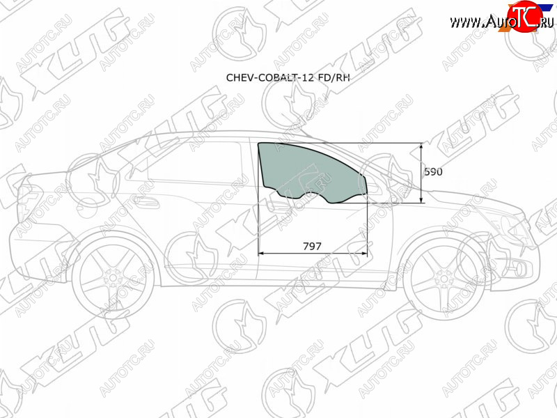 Стекло боковое опускное (Спереди Справа Цвет зеленый) Chevrolet Cobalt 13-  Ravon R4 16- CHEV-COBALT-12 FD/RH