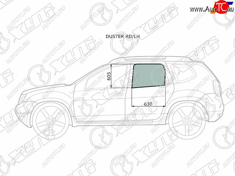 Стекло боковое опускное (Сзади Слева Цвет зеленый) Nissan Terrano 14-22  Renault Duster 10-21  D DUSTER RD/LH