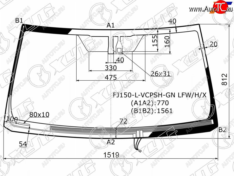 Стекло лобовое (Обогрев щеток Датчик дождя) Toyota Land Cruiser Prado (J150) 09-20  Lexus GX 02-19 FJ150-L-VCPSH-GN LFW/H/X