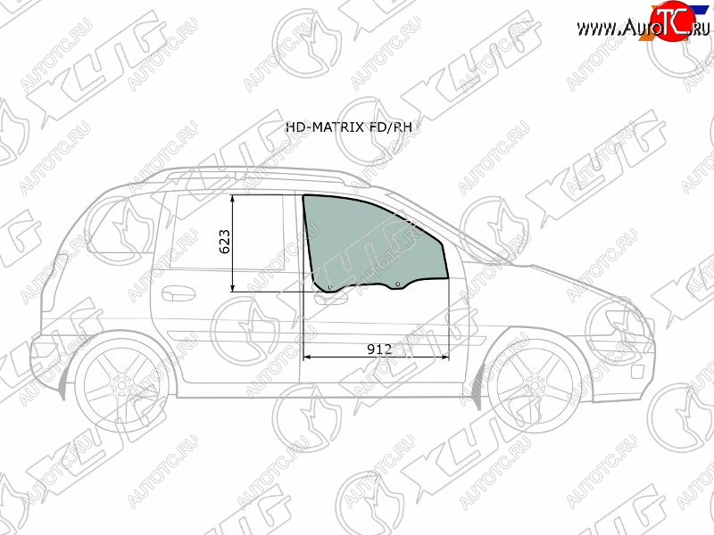 Стекло боковое опускное (Спереди Справа Цвет зеленый) Hyundai Lavita 01-07  Matrix 01-10 HD-MATRIX FD/RH