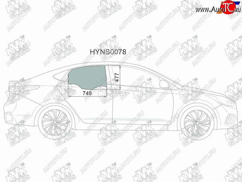 Стекло боковое опускное (Сзади Справа Цвет зеленый) Hyundai Solaris 17-20  Accent 17-22           HYNS0078