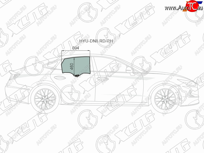 Стекло боковое опускное (Сзади Справа Цвет зеленый Крепления) Hyundai Sonata 19- HYU-DN8 RD/RH