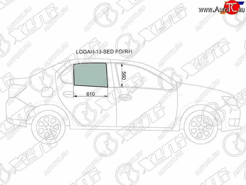 Стекло боковое опускное (Сзади Справа Цвет зеленый) Renault Logan 14-  Sandero 14-  Dacia Logan LOGAN-13-SED RD/RH