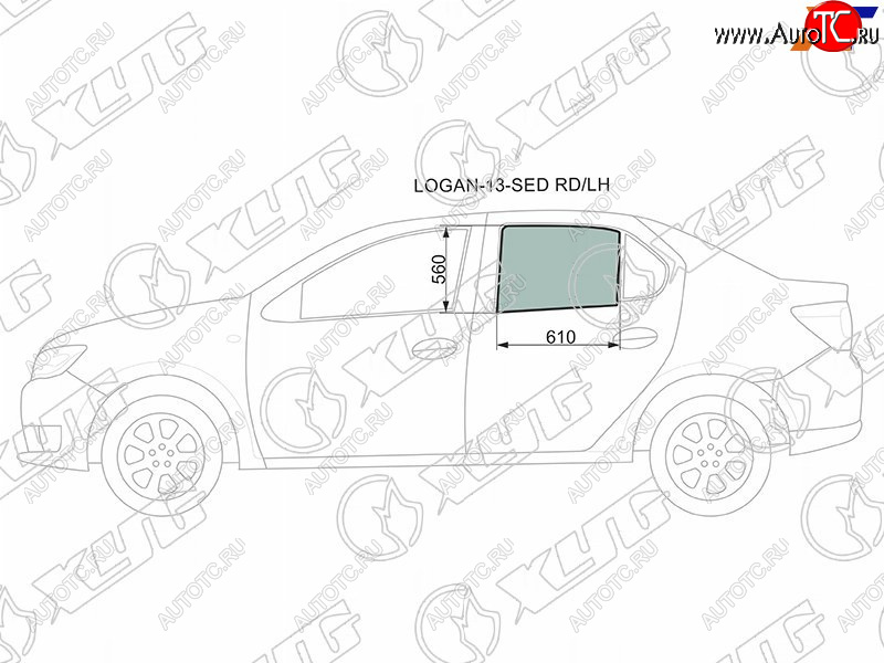 Стекло боковое опускное (Сзади Слева Цвет зеленый) Renault Logan 14-  Sandero 14-  Dacia Logan 1 LOGAN-13-SED RD/LH