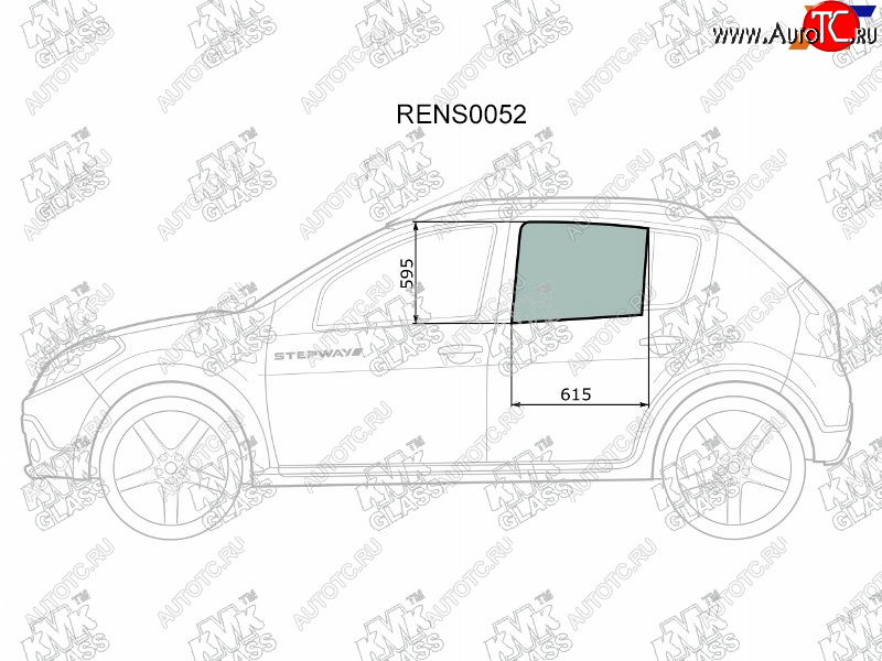 Стекло боковое опускное (Сзади Слева Цвет зеленый) Renault Sandero 09-14  Dacia Sandero 08-12  R RENS0052