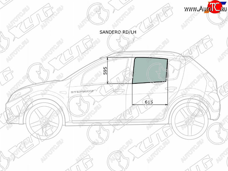 Стекло боковое опускное (Сзади Слева Цвет зеленый) Renault Sandero 09-14  Dacia Sandero 08-12  R SANDERO RD/LH