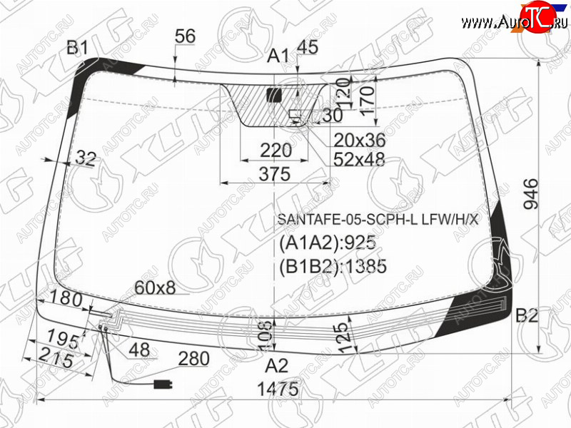 Стекло лобовое (Обогрев щеток Датчик дождя) Hyundai Santa Fe 05-12 SANTAFE-05-SCPH-L LFW/H/X