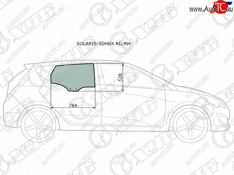 Стекло боковое опускное (Сзади Справа Цвет зеленый) Hyundai Solaris 10-17  Accent 11-17 SOLARIS-5DHBK RD/RH