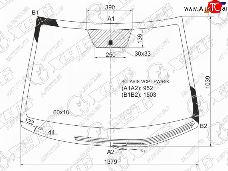 Стекло лобовое (Обогрев щеток) Hyundai Solaris 10-17  Kia Rio 11-17  Hyundai Accent 11-17 SOLARIS-VCP LFW/H/X