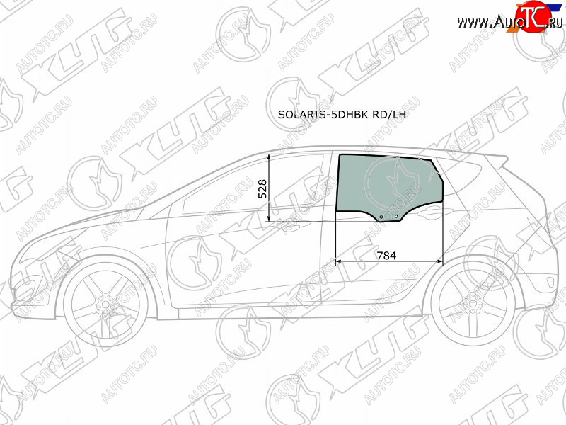 Стекло боковое опускное (Сзади Слева Цвет зеленый) Hyundai Solaris 10-17  Accent 11-17 SOLARIS-5DHBK RD/LH