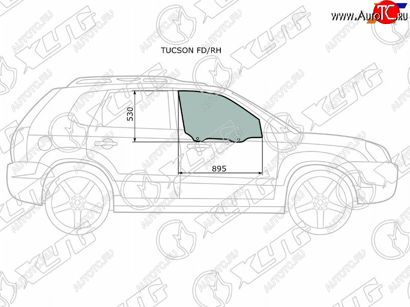 Стекло боковое опускное (Спереди Справа Цвет зеленый) Hyundai Tucson 04-09 TUCSON FD/RH