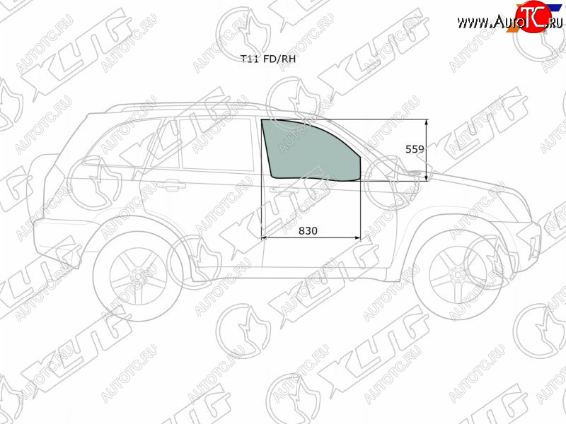 Стекло боковое опускное (Спереди Справа Цвет зеленый) Chery Tiggo T11 05-16  Vortex Tingo 10-14 T11 FD/RH