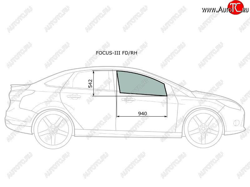 Стекло боковое опускное (Спереди Справа Цвет зеленый) Ford Focus 10-19 FOCUS-III FD/RH