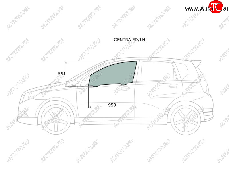 Стекло боковое опускное (Спереди Слева Цвет зеленый) Chevrolet Aveo 02-11  Kalos 03-08  Nexia 20 GENTRA FD/LH